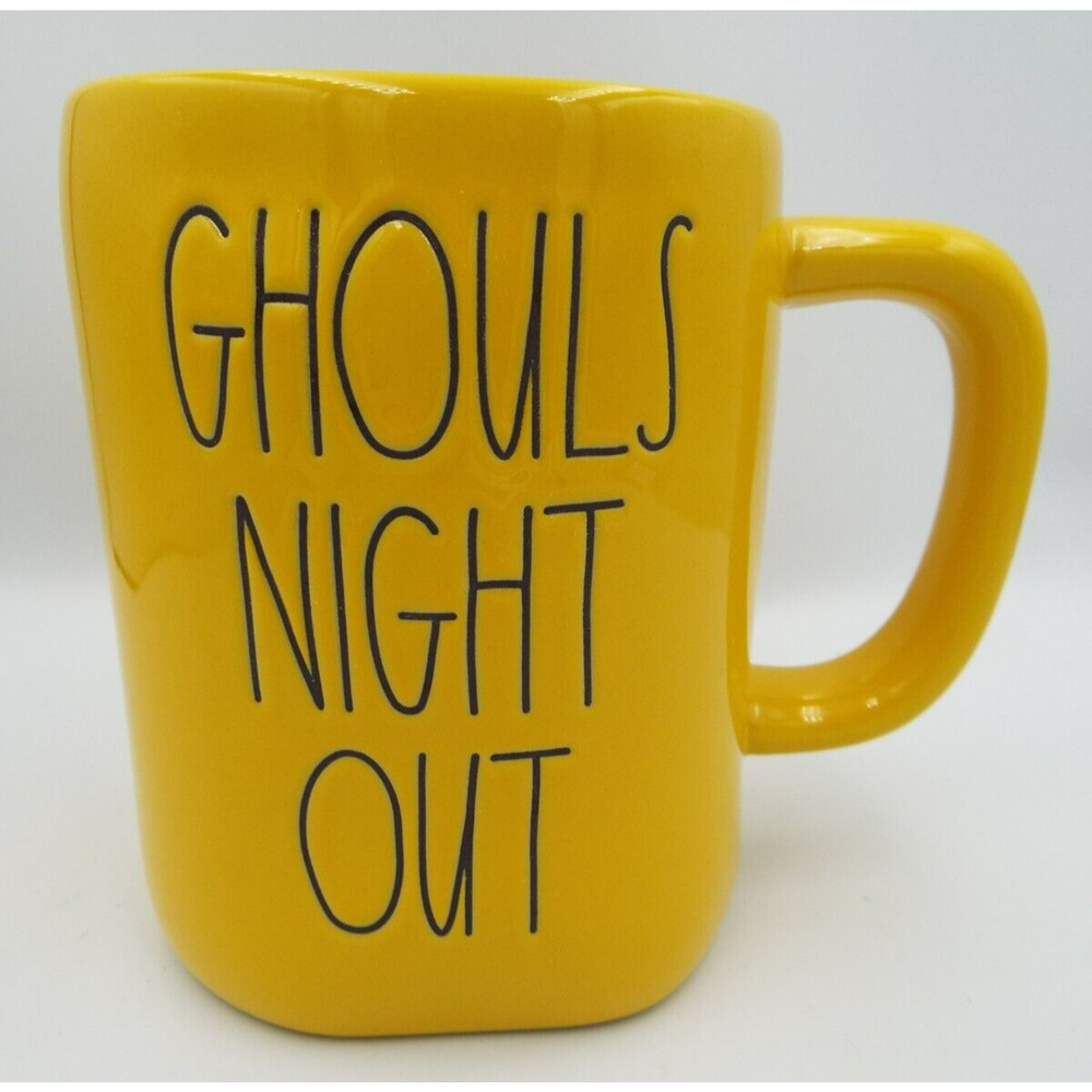 RAE DUNN Mug Yellow GHOULS NIGHT OUT Halloween Tea Coffee Hot Chocolate Artisan